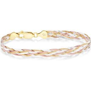 Women' Tri-Color 18K Gold Plated 6-Strand 7mm Braided Herringbone Chain Bracelet